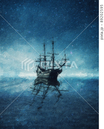 Beautiful painting of a ghost ship floating on the blue sea under the starry night sky. Wonderful seascape with a boat on the horizon reflecting on the calm water 89202595