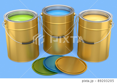 Set of open metal can or buckets of paint with handle on blue background. Set of open metal can or buckets of paint with handle on blue background. 89203205