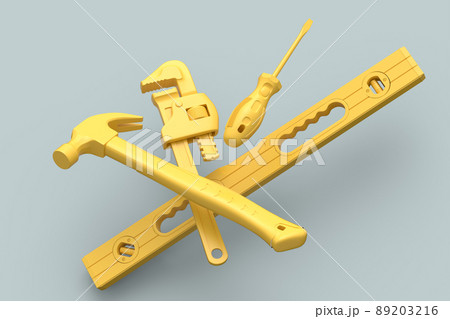 Flying view of yellow construction tools for repair on grey background 89203216