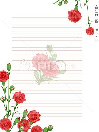便箋 右上から左下配置 母の日 カーネーション テンプレート 周りの花濃いめ 罫線 有り のイラスト素材 3487