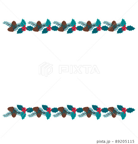 Christmas frame of blue spruce branches with cones, leaves and holly berries. Festive decoration for the New Year and interior decor. Vector flat illustration 89205115