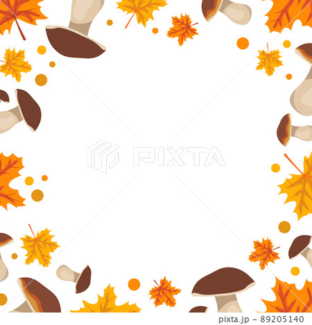Orange frame with mushrooms and maple leaves. Bright autumn border with gifts of nature with empty place for text Orange frame with mushrooms and maple leaves. Bright autumn border with gifts of nature with empty place for text 89205140