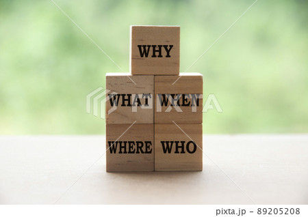 Text on wooden blocks with blurred nature background - Why, What, When Where, Who. 89205208
