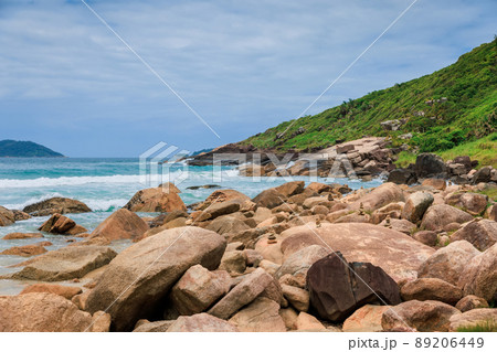 Coastline with beach and blue ocean with waves in Brazil. 89206449