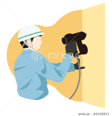 内装工事で壁面のボードを張る作業員 89208852