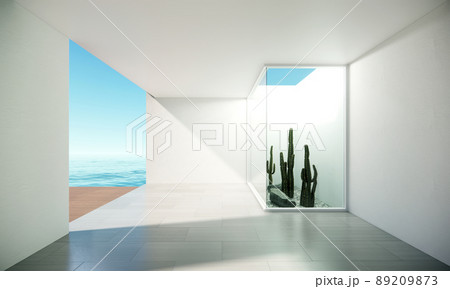 Modern contemporary room with sea view. white concrete room with cactus garden, interior design 3d render, The room have concrete wall ,ceiling and parquet floor. 89209873
