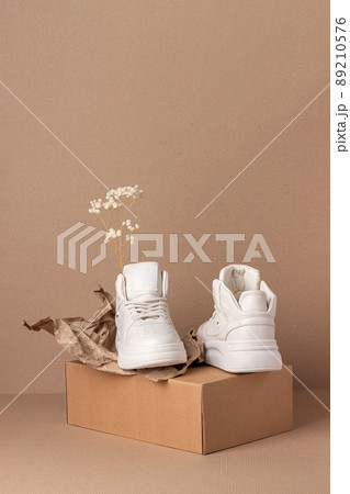 Eco leather shoes. A pair of beige sneakers with dry flowers on brown background. Casual sport lifestyle concept Eco leather shoes. A pair of beige sneakers with dry flowers on brown background. Casual sport lifestyle concept 89210576