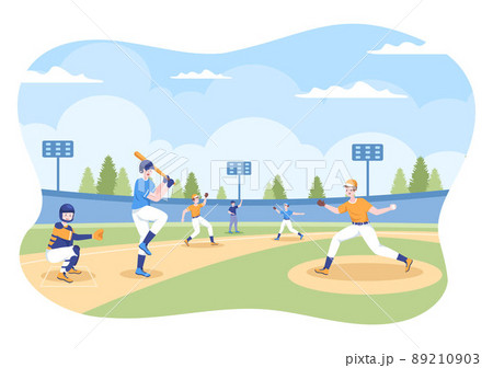 Baseball Player Sports Throwing, Catching or Hitting a Ball with Bats and Gloves Wearing Uniform on Court Stadium in Flat Cartoon Illustration 89210903