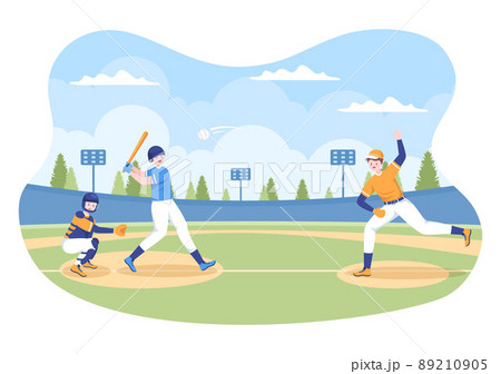 Baseball Player Sports Throwing, Catching or Hitting a Ball with Bats and Gloves Wearing Uniform on Court Stadium in Flat Cartoon Illustration 89210905