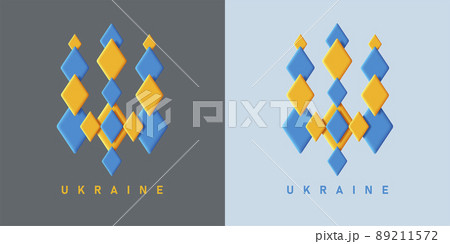 Ukrainian trident stylised symbol, national. emblem created of polygonal diamonds of blue and yellow colors 89211572