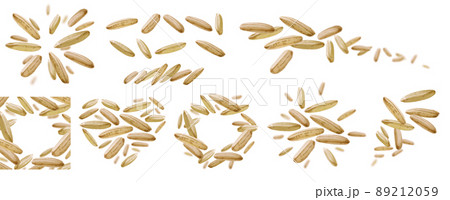 A set of photos. Raw rice levitates on a white background A set of photos. Raw rice levitates on a white background 89212059