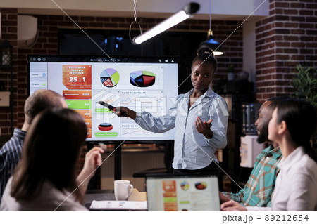 African american startup employee holding remote control presenting sales pie charts on tv screen in night meeting. Woman doing overtime at work talking about business strategy with diverse team. African american startup employee holding remote control presenting sales pie charts on tv screen in night meeting. Woman doing overtime at work talking about business strategy with diverse team. 89212654