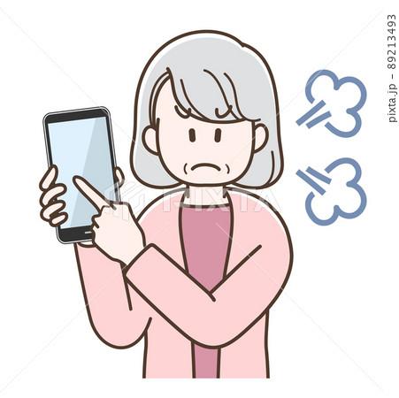 スマホを指さして怒るシニア女性のイラスト スマホを指さして怒るシニア女性のイラスト 89213493