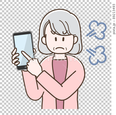 スマホを指さして怒るシニア女性のイラスト スマホを指さして怒るシニア女性のイラスト 89213493
