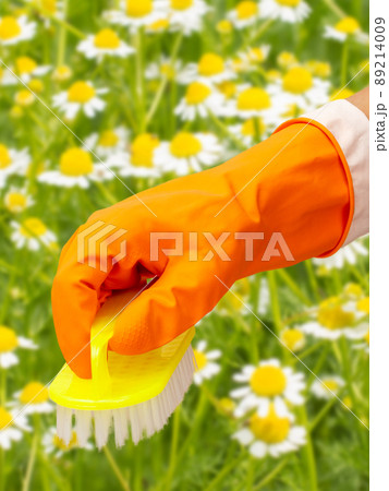 Woman's hand in protective glove with brush. Woman's hand in protective glove with brush. 89214009