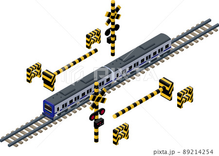 線路の上を走る立体的な青色電車と遮断機のアイソメトリックイラスト のイラスト素材