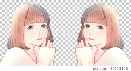 一個微笑的年輕女子的彩色插圖,頭髮是波波頭,沒有背景,衣服 = 乳白色,對稱套裝 一個微笑的年輕女子的彩色插圖,頭髮是波波頭,沒有背景,衣服 = 乳白色,對稱套裝 89215146