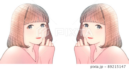 ボブヘアの微笑む若い女性のカラーイラスト 背景無し 服=赤 左右対称のセット ボブヘアの微笑む若い女性のカラーイラスト 背景無し 服=赤 左右対称のセット 89215147