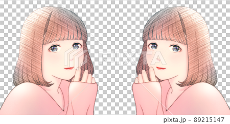ボブヘアの微笑む若い女性のカラーイラスト 背景無し 服=赤 左右対称のセット ボブヘアの微笑む若い女性のカラーイラスト 背景無し 服=赤 左右対称のセット 89215147