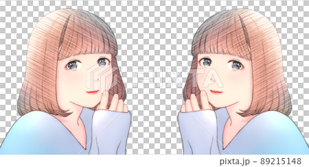 ボブヘアの微笑む若い女性のカラーイラスト 背景無し 服=青 左右対称のセット ボブヘアの微笑む若い女性のカラーイラスト 背景無し 服=青 左右対称のセット 89215148