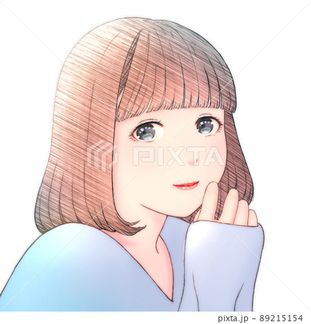 ボブヘアの微笑む若い女性のカラーイラスト 背景無し 服=青 左右反転版 ボブヘアの微笑む若い女性のカラーイラスト 背景無し 服=青 左右反転版 89215154