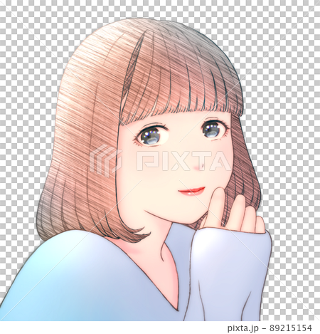 ボブヘアの微笑む若い女性のカラーイラスト 背景無し 服=青 左右反転版 ボブヘアの微笑む若い女性のカラーイラスト 背景無し 服=青 左右反転版 89215154