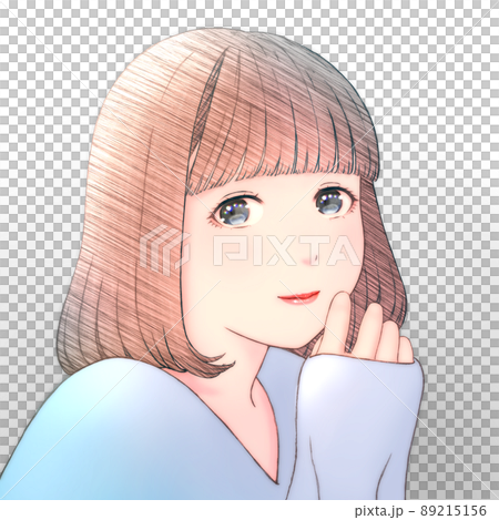 一個微笑的年輕女子的彩色插圖,頭髮為波波頭衣服 = 藍色左右倒置版本 一個微笑的年輕女子的彩色插圖,頭髮為波波頭衣服 = 藍色左右倒置版本 89215156