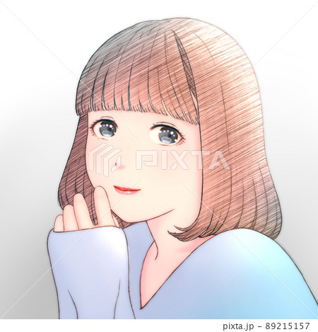 ボブヘアの微笑む若い女性のカラーイラスト 服=青 ボブヘアの微笑む若い女性のカラーイラスト 服=青 89215157