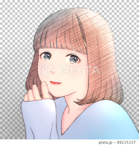 一個微笑的年輕女子的彩色插圖,頭髮為波波頭衣服 = 藍色 一個微笑的年輕女子的彩色插圖,頭髮為波波頭衣服 = 藍色 89215157