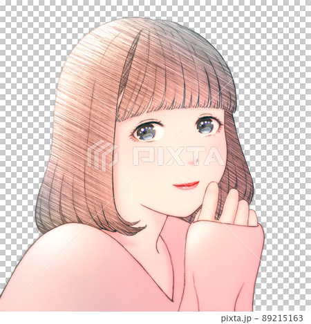 一個微笑的年輕女子的彩色插圖,頭髮是波波頭,沒有背景,衣服 = 紅色,左右倒置版本 一個微笑的年輕女子的彩色插圖,頭髮是波波頭,沒有背景,衣服 = 紅色,左右倒置版本 89215163