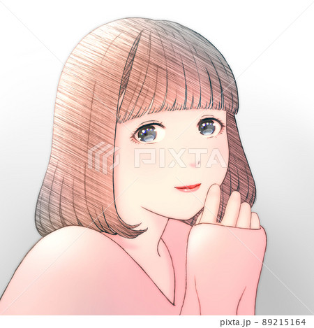 ボブヘアの微笑む若い女性のカラーイラスト 服 赤 左右反転版のイラスト素材