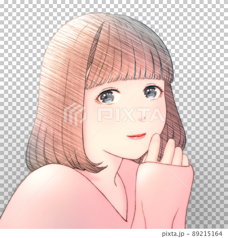 一個微笑的年輕女子的彩色插圖,頭髮為波波頭衣服 = 紅色左右倒置版本 一個微笑的年輕女子的彩色插圖,頭髮為波波頭衣服 = 紅色左右倒置版本 89215164