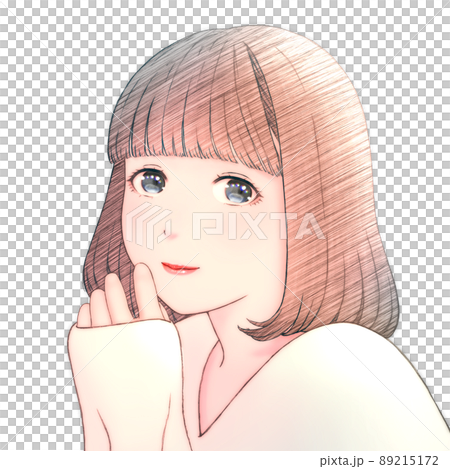 一個微笑的年輕女子的彩色插圖，頭髮是波波頭，沒有背景，衣服 = 乳白色 89215172