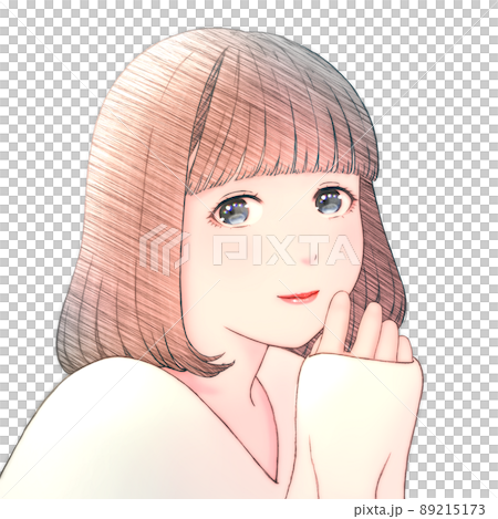 一個微笑的年輕女子的彩色插圖,頭髮為波波頭,沒有背景,衣服 = 乳白色,左右倒置版本 一個微笑的年輕女子的彩色插圖,頭髮為波波頭,沒有背景,衣服 = 乳白色,左右倒置版本 89215173