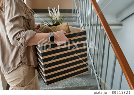 Horizontal medium section shot of unrecognizable young woman going upstairs carrying box with pillows and houseplant in it Horizontal medium section shot of unrecognizable young woman going upstairs carrying box with pillows and houseplant in it 89215321