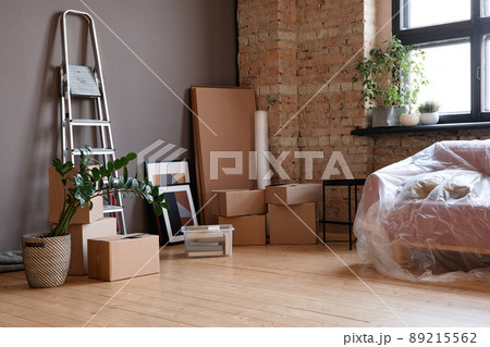 Horizontal no people shot of empty loft living room in modern apartment with boxes, sofa and ladder 89215562