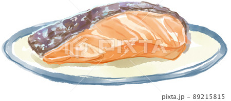 お皿に乗った焼きシャケの素朴な水彩イラスト 89215815