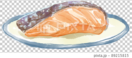 お皿に乗った焼きシャケの素朴な水彩イラスト 89215815