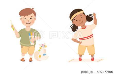 Obedient and Naughty Boy and Girl with Felt Pen Painting Cat and Doing Physical Exercise Vector Set Obedient and Naughty Boy and Girl with Felt Pen Painting Cat and Doing Physical Exercise Vector Set 89215906