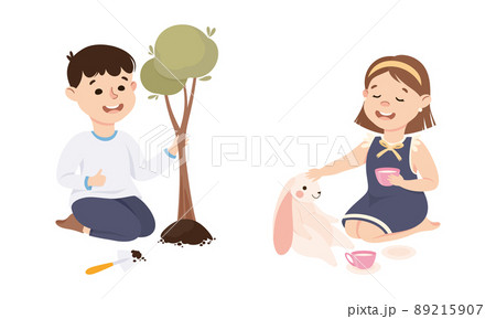 Obedient Girl and Boy with Good Breeding Planting Tree Sapling and Playing Toy Tea Vector Set Obedient Girl and Boy with Good Breeding Planting Tree Sapling and Playing Toy Tea Vector Set 89215907
