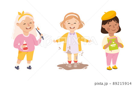 Naughty and obedient kids set. Little girls cleaning teeth, playing in mood and reading books cartoon vector illustration 89215914