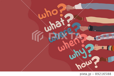 Multicultural people arms holding in hand colorful question marks with Who-what-where-when-why-how text.Investigate and solve questions. Problem solving - Brainstorming. Banner copy space 89216588