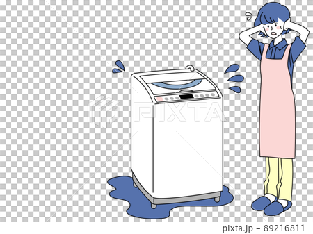 A woman suffering from water leaks in the washing machine A woman suffering from water leaks in the washing machine 89216811