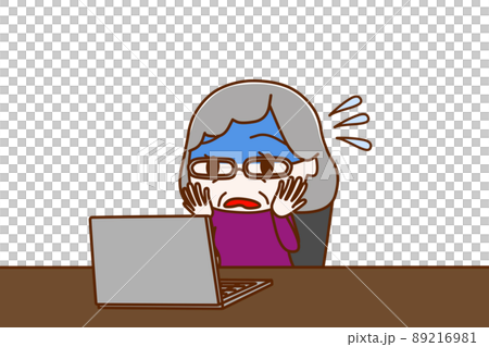 An elderly woman who is pale and impatient due to trouble with computer work 89216981