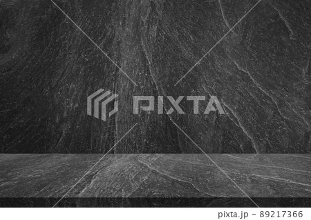 Empty black marble table top with black stone wall texture background 89217366