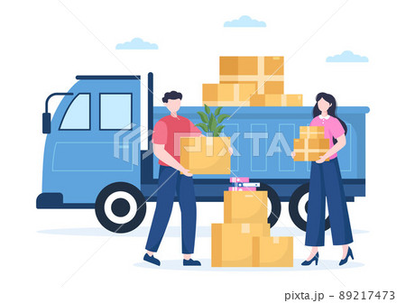 Home Relocation or People Moving with Cardboard Packaging Boxes or Pack Belongings Move to New Ones in Flat Cartoon Illustration Home Relocation or People Moving with Cardboard Packaging Boxes or Pack Belongings Move to New Ones in Flat Cartoon Illustration 89217473