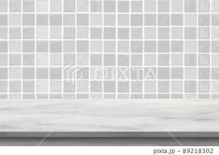 Empty white marble table top with blur tile wall bathroom background Empty white marble table top with blur tile wall bathroom background 89218302