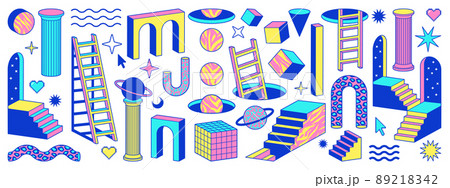 Psychedelic stickers with geometric shapes, surreal elements. Abstract vector symbols and signs in trendy psychedelic trippy style. Arch, stairs, column and geometric shapes. Acid neon colors. 89218342