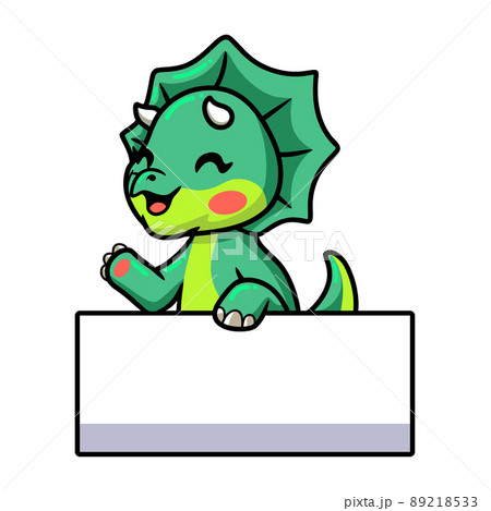 Cute little triceratops dinosaur cartoon with blank sign	 89218533