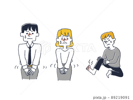体の痒みで悩まされている人々のセット　コミカルな手書きの人物　ベクター、温かみのある線画 89219091